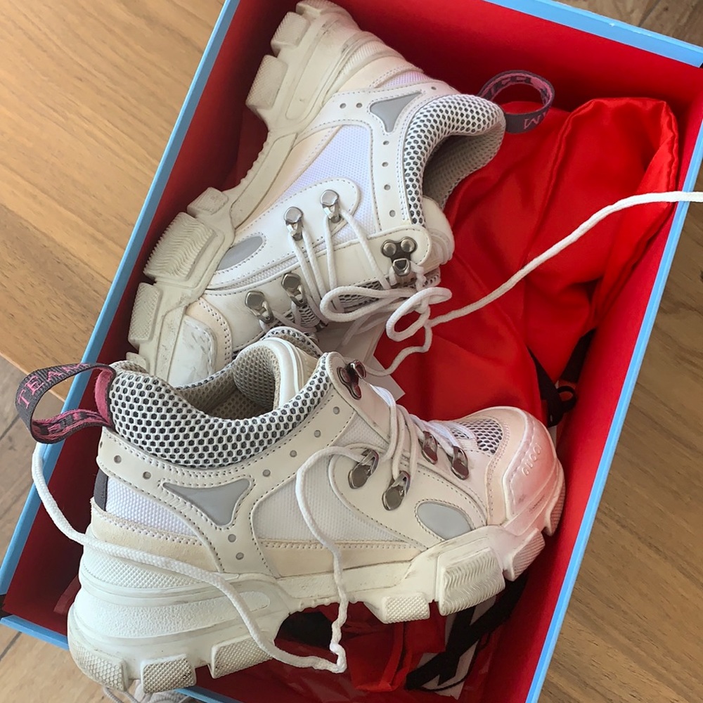 Gucci White Chunky Platform Sneakers with Pink Accent